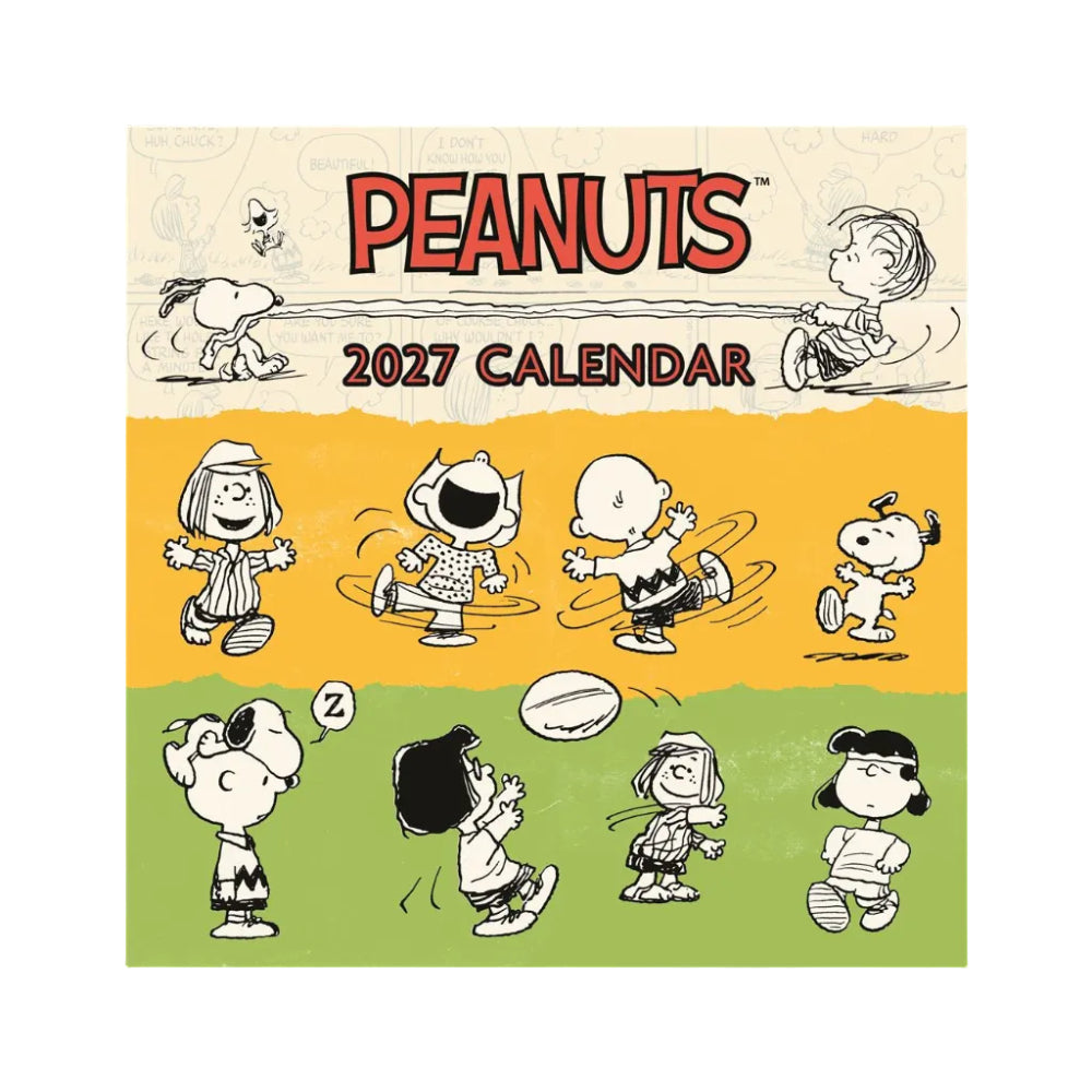 Peanuts 2027 calendar cover with cartoon characters on a yellow and green background