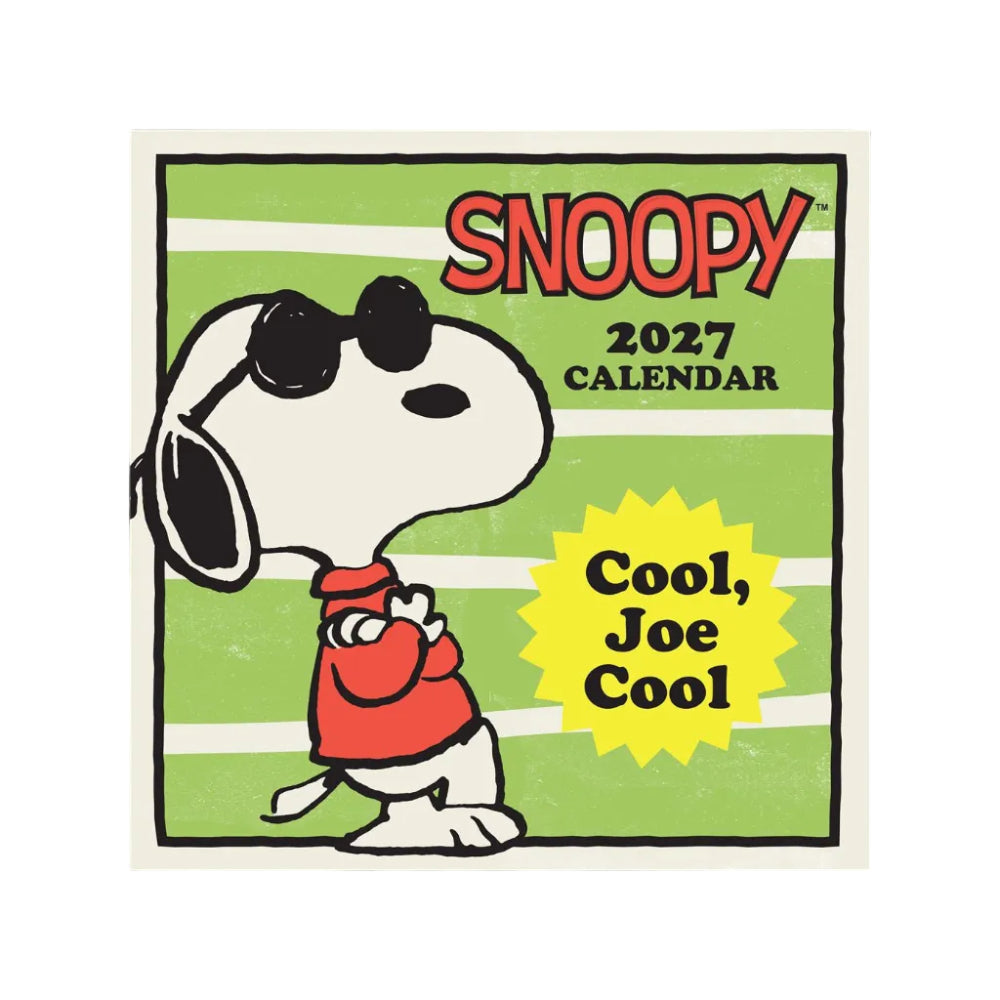 Snoopy 2027 Calendar cover featuring Snoopy wearing black sunglasses and a red sweater against a green and white striped background, with the text 'SNOOPY 2027 CALENDAR' and 'Cool, Joe Cool'.