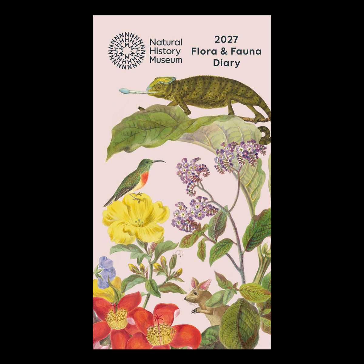 A 2027 Flora & Fauna Diary cover featuring watercolor-style illustrations of a chameleon, bird, flowers, and a rabbit on a pale pink background, with the Natural History Museum logo and text at the top.