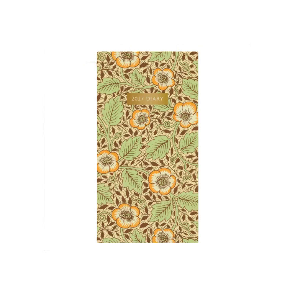 A 2027 diary cover featuring a vintage botanical pattern with orange flowers, green leaves, and brown vines on a beige dotted background, with a central gold label reading '2027 DIARY'.