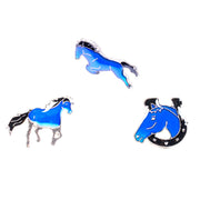 Three blue and black enamel horse-themed pins on a plain white background, including a rearing horse, a walking horse, and a horse head with a collar.