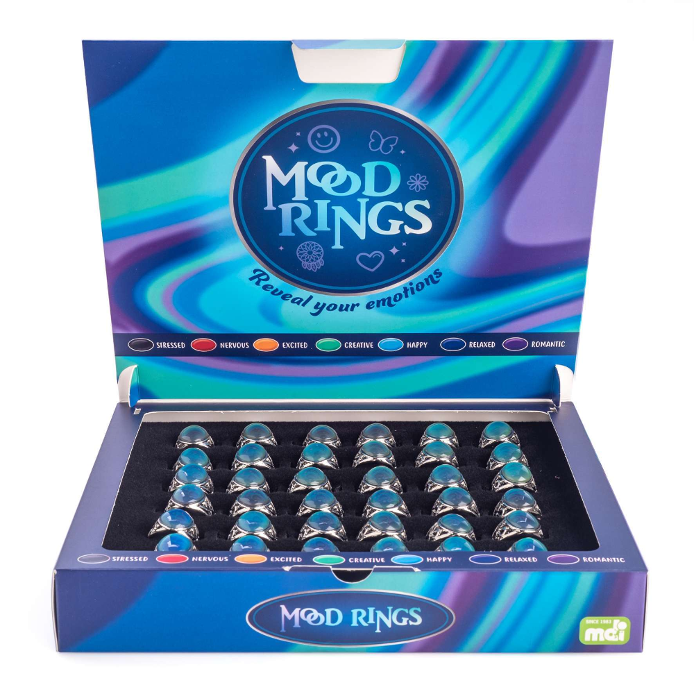 Box of Mood Rings with colorful packaging on a white background