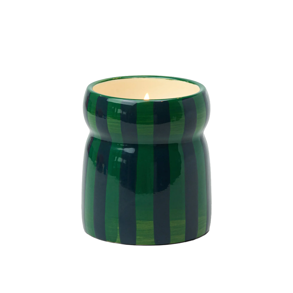 Paddywax Festive Cabana Ceramic Candle Green Navy Striped Balsam and Fir 184g