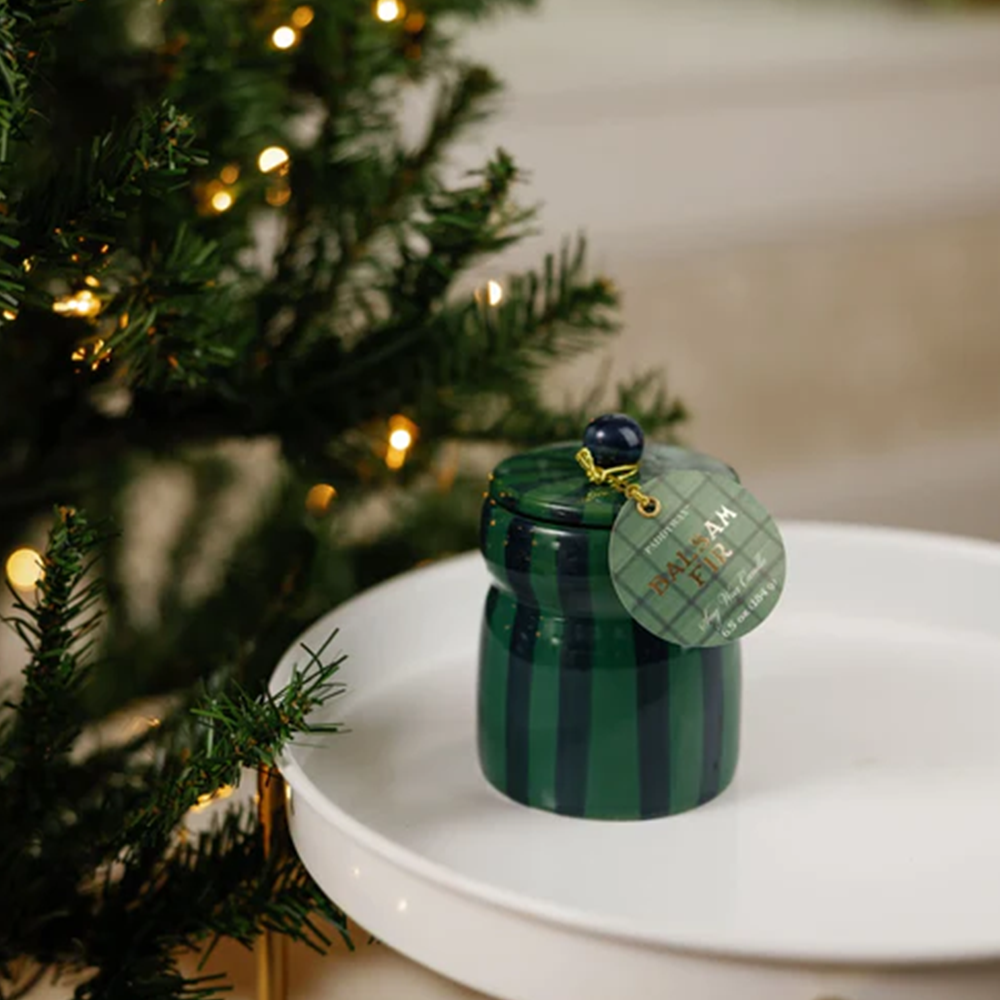 Paddywax Festive Cabana Ceramic Candle Green Navy Striped Balsam and Fir 184g