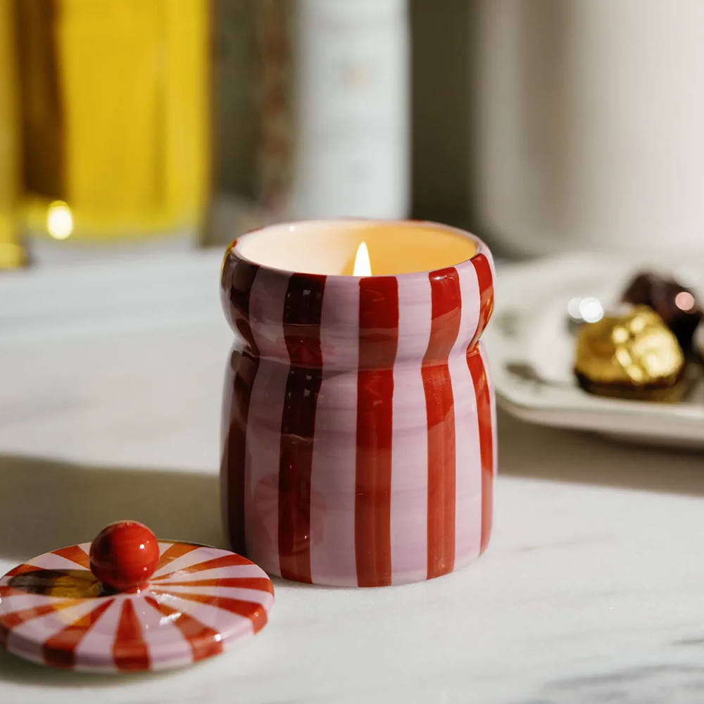 Paddywax Festive Cabana Ceramic Candle Red Pink Striped Pink Peppermint 184g