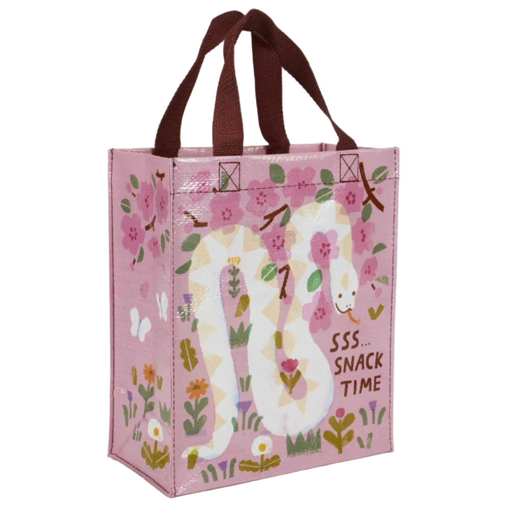 Pink snack bag with snake design and floral elements on a white background