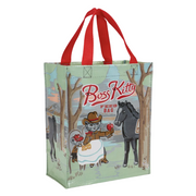 Reusable shopping bag with 'Boss Kitty' branding and illustrations of a cat, horse, and cowboys.