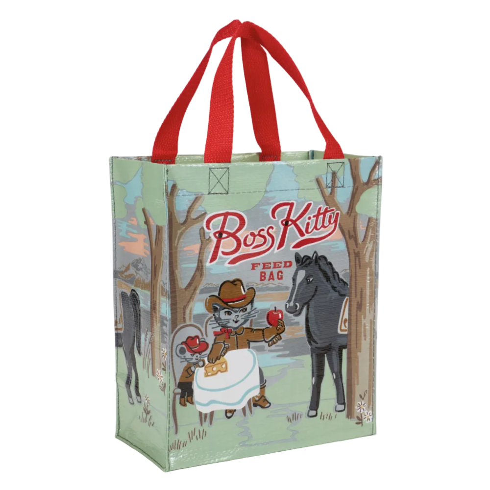 Reusable shopping bag with 'Boss Kitty' branding and illustrations of a cat, horse, and cowboys.
