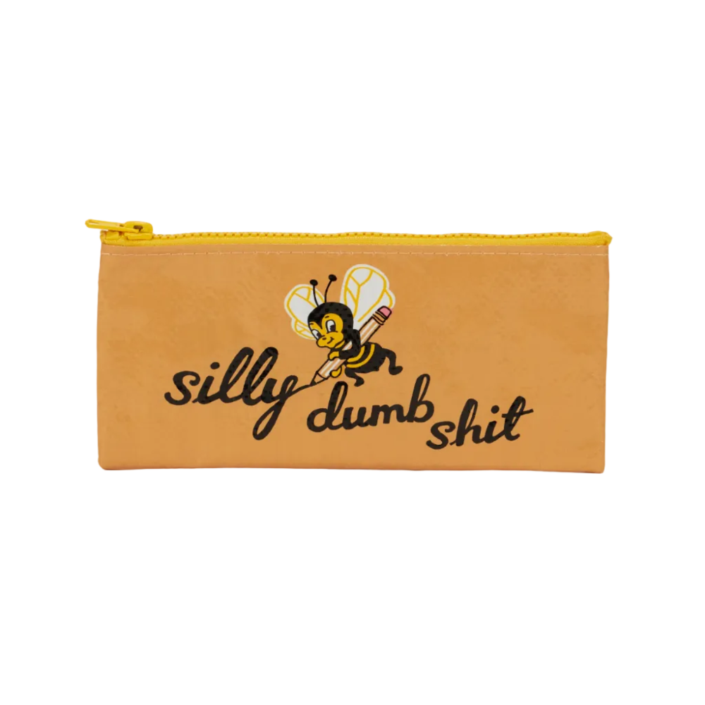 Pouch with bee design and text on a beige background