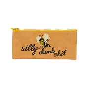 Pouch with bee design and text on a beige background