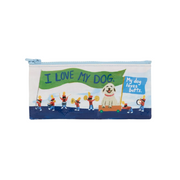 Pouch with cartoon design of a dog and people in a parade, featuring text 'I Love My Dog' and 'My dog loves butts'.