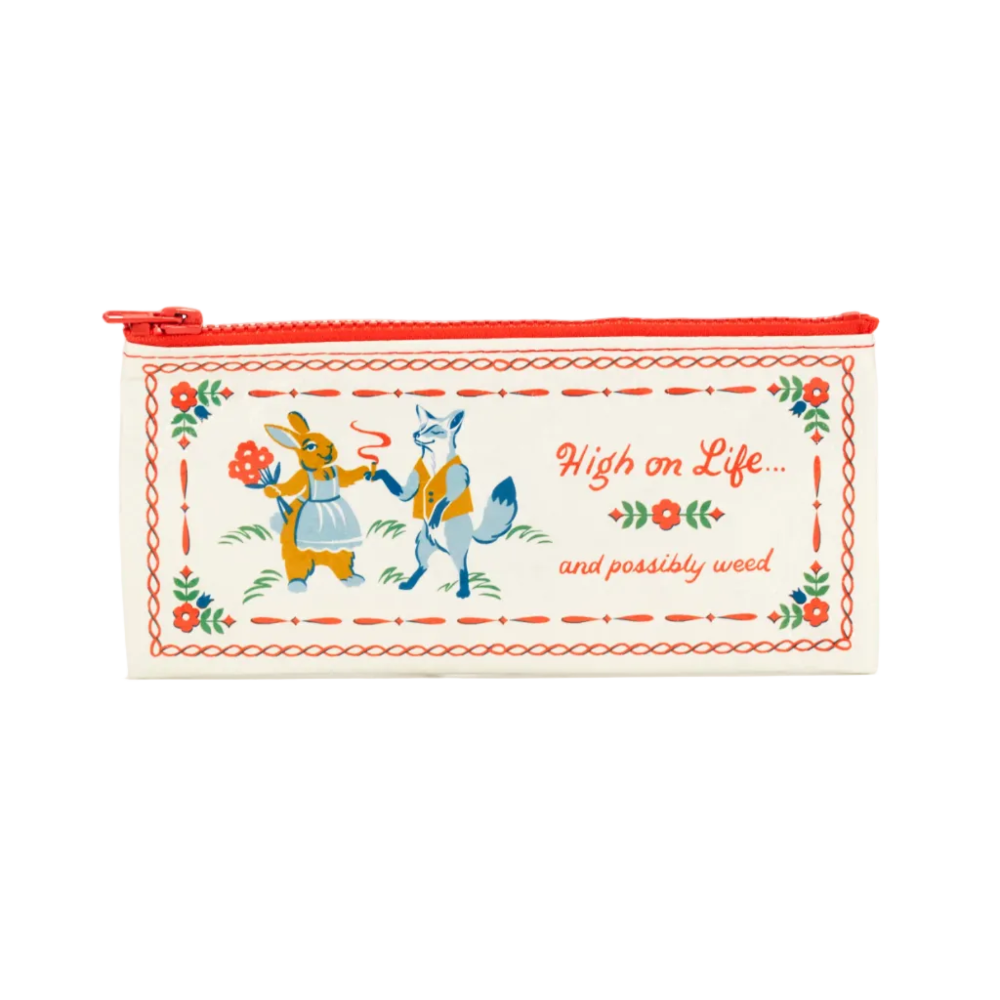Pouch with cartoon characters and text on a white background