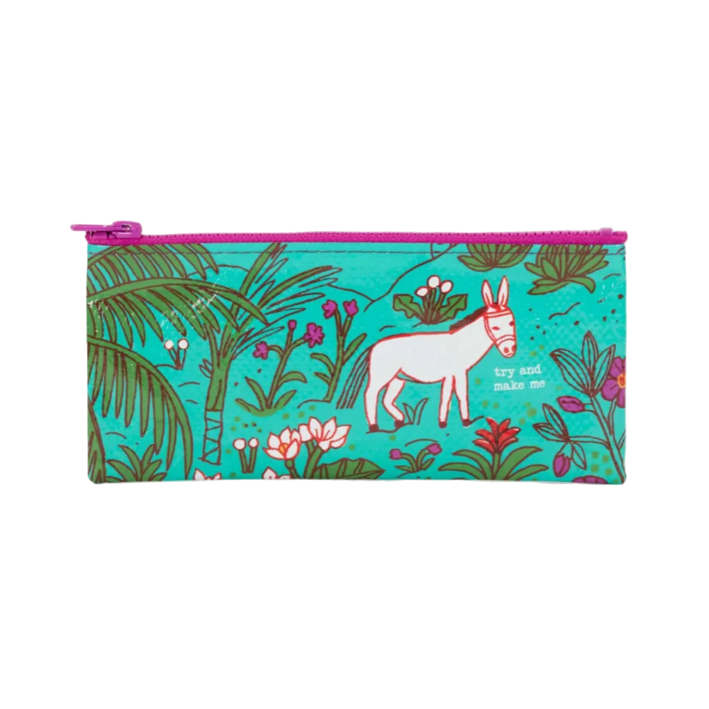 Pouch with a donkey design and floral pattern on a white background