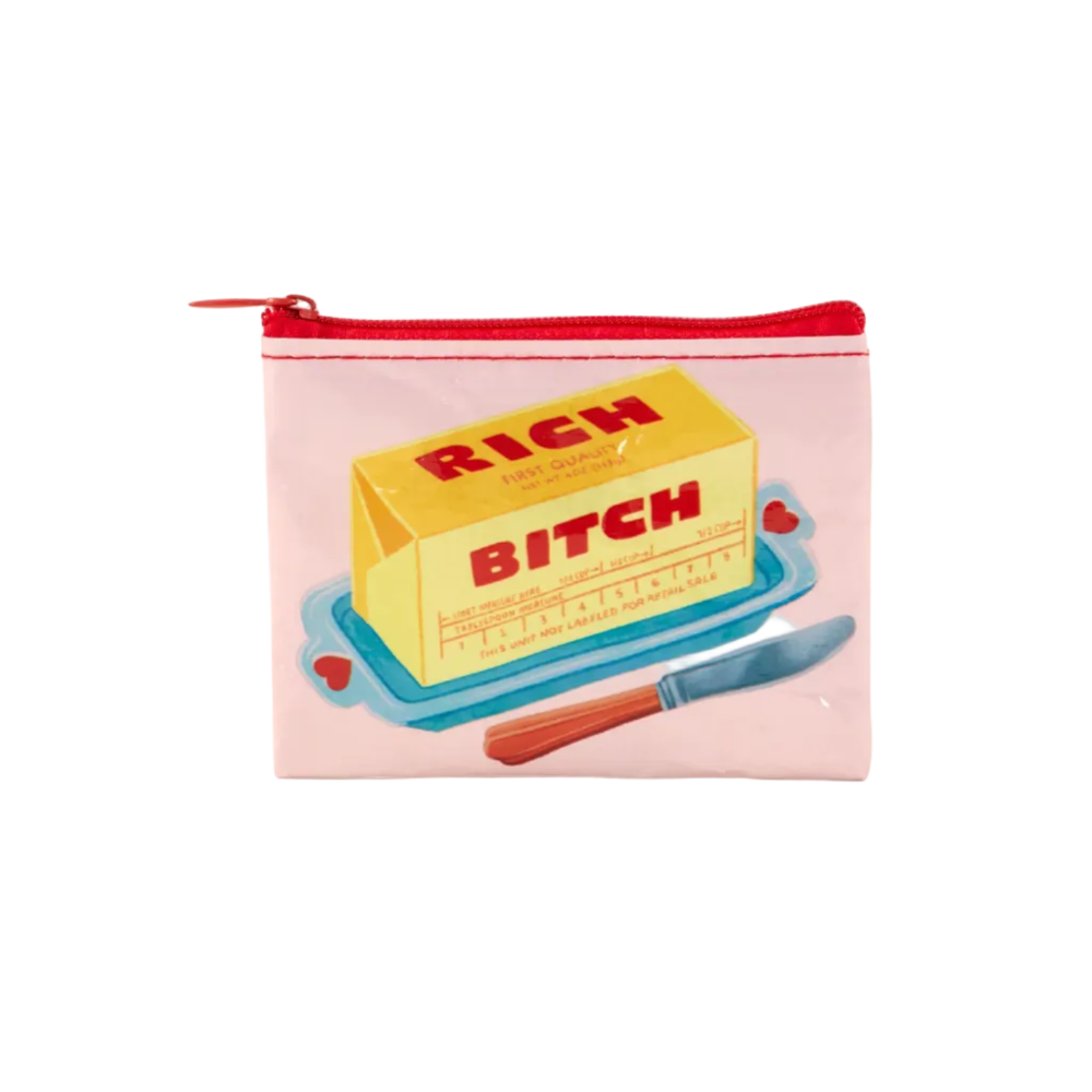 Pink pouch with a graphic of a butter container labeled 'Rich Bitch' on a white background