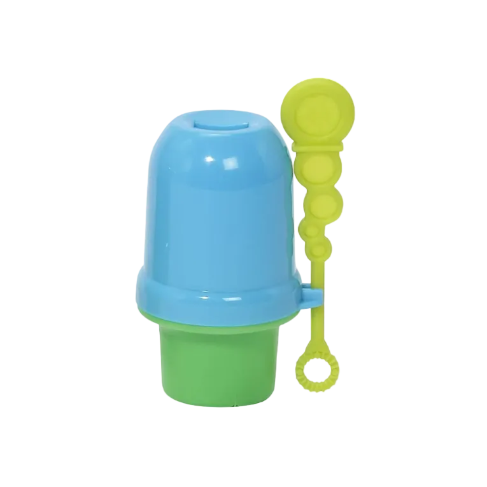 A plastic bubble toy set with a blue and green cup-shaped container and a lime green bubble wand with a loop, shown on a plain white background.