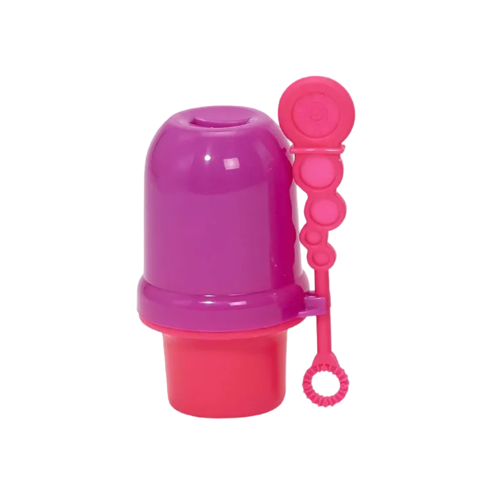 A children's plastic bubble wand and bubble box set in vibrant pink and purple, shown against a plain white background.