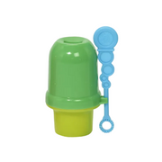 A plastic bubble toy set featuring a green and yellow bubble dispenser cup with a blue bubble wand attached, shown against a plain white background.