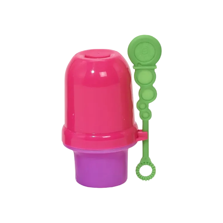 A pink and purple plastic bubble bottle with a green bubble wand, shown against a plain white background.