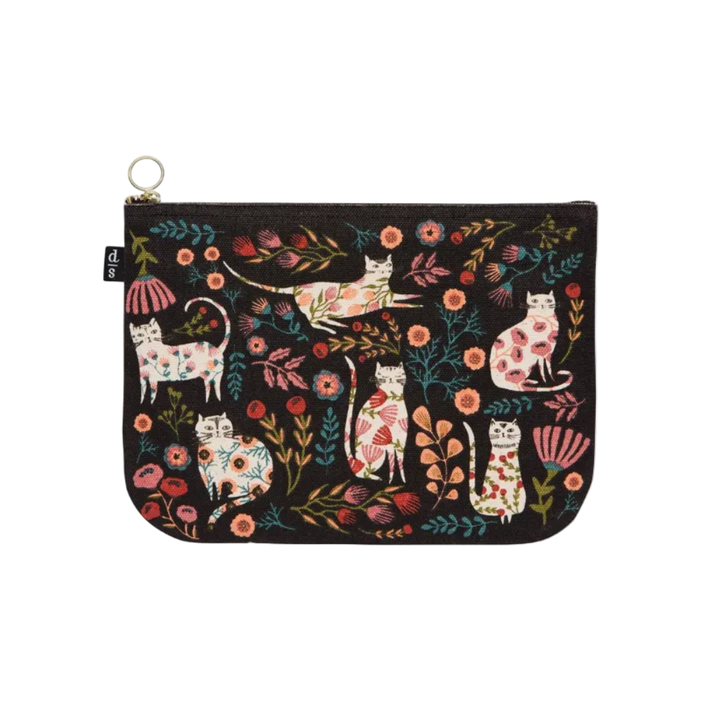 Pouch with cat and floral pattern on a black background