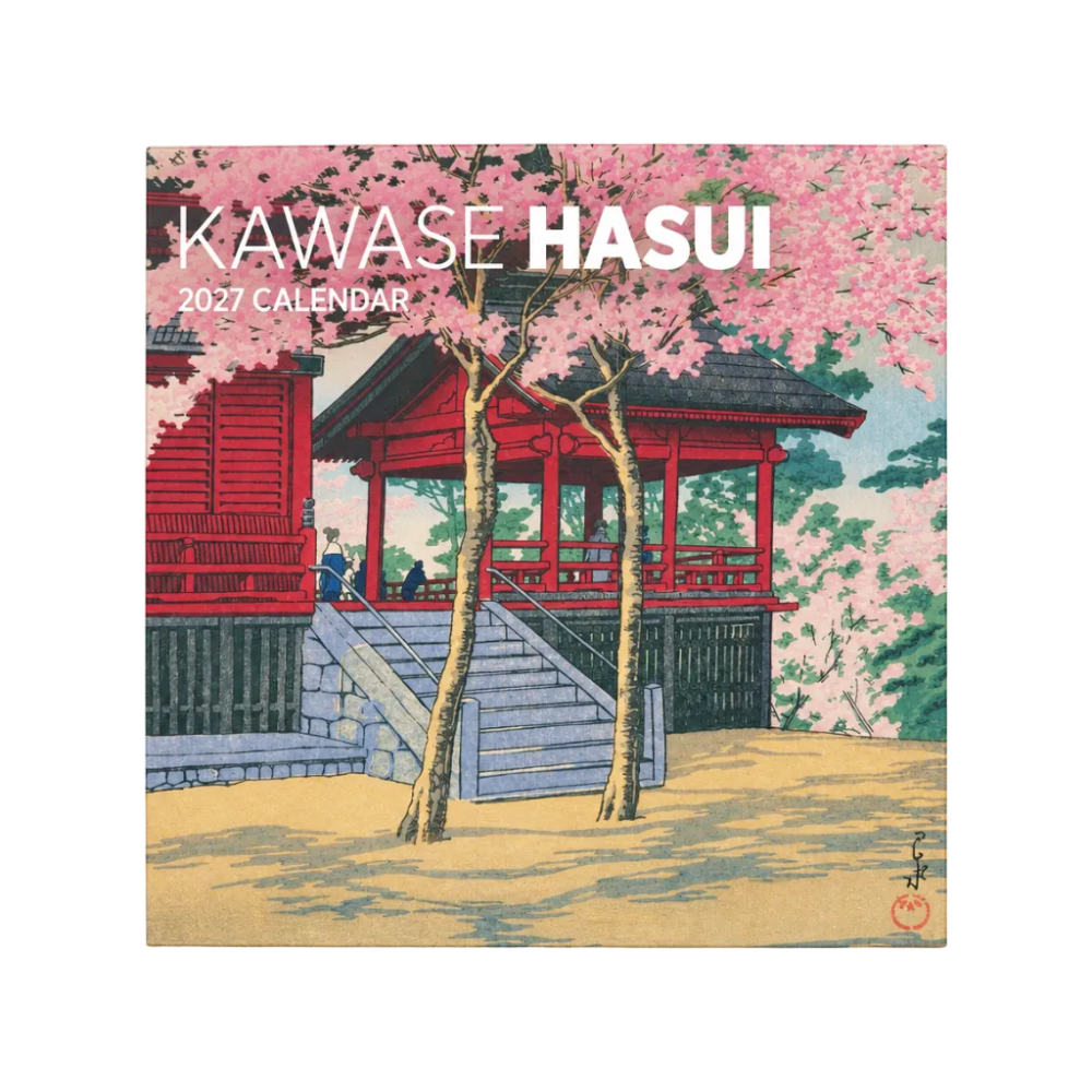 Kawase Hasui 2027 Calendar cover featuring a traditional Japanese woodblock-style illustration of a red temple pavilion, pink cherry blossoms, and stone steps.