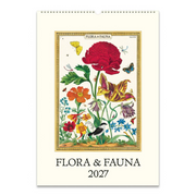A 2027 wall calendar titled 'FLORA & FAUNA' featuring a vintage botanical and faunal illustration on the cover, with a cream background and hanging wire at the top.
