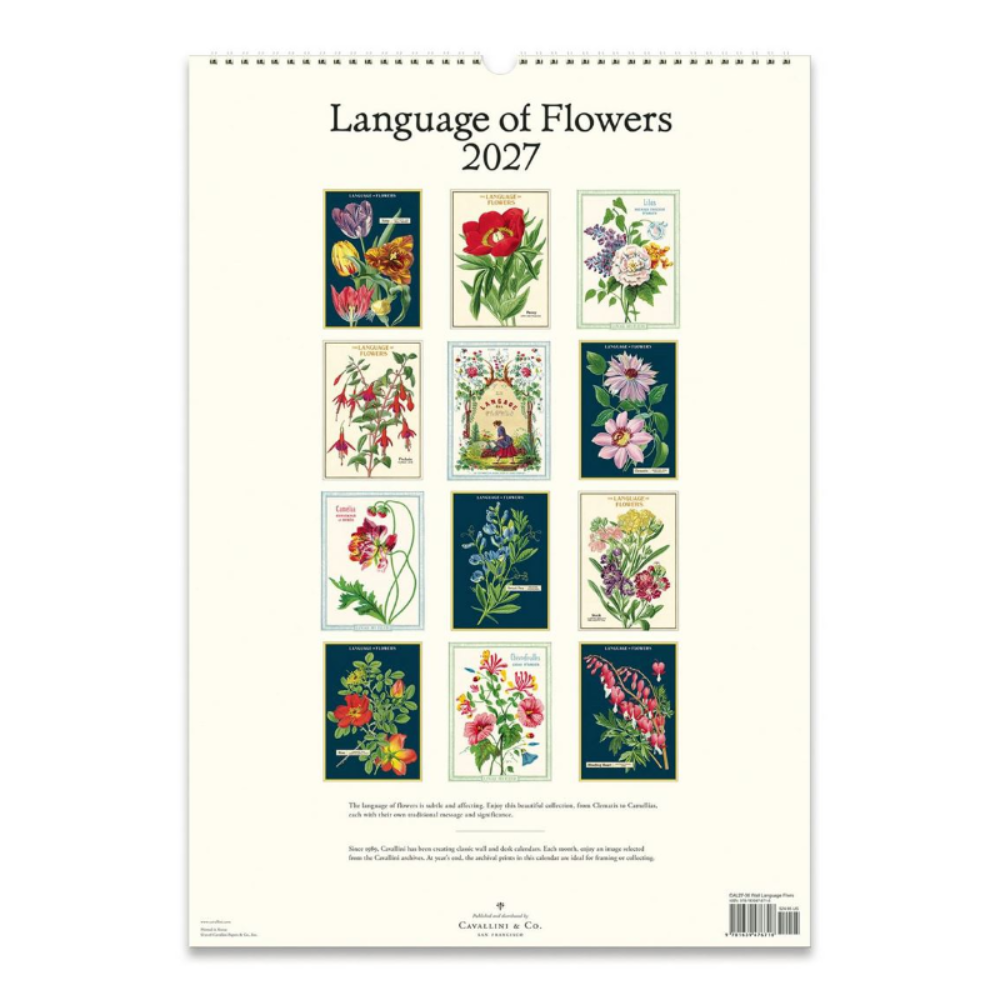 Calendar cover with 'Language of Flowers 2027' and illustrations of flowers on a white background.