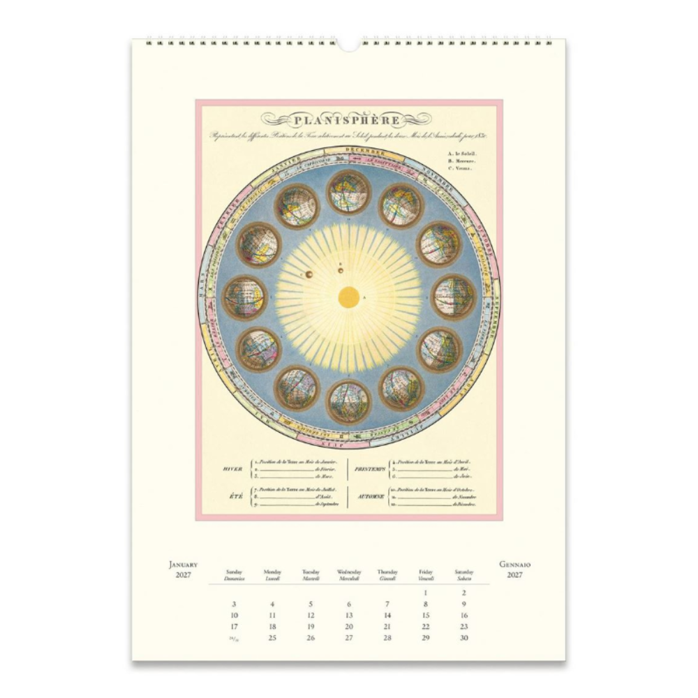 A vintage-style wall calendar page titled 'PLANTESPHERE' showing a circular botanical diagram with illustrated plant spheres and a monthly calendar grid at the bottom, photographed against a plain white background.