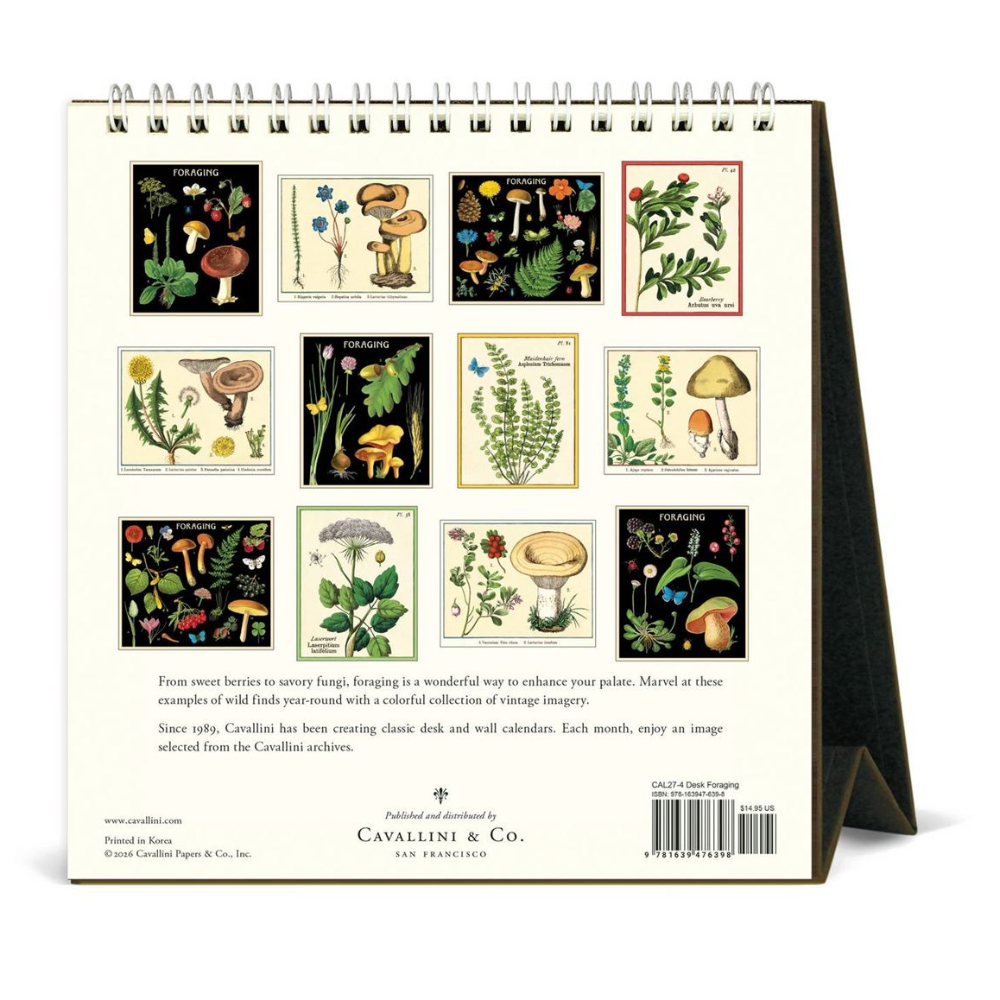 A spiral-bound desk calendar shown from the back, standing on its own. The page features a grid of vintage-style botanical and mushroom illustrations with text below and a barcode at the bottom right.