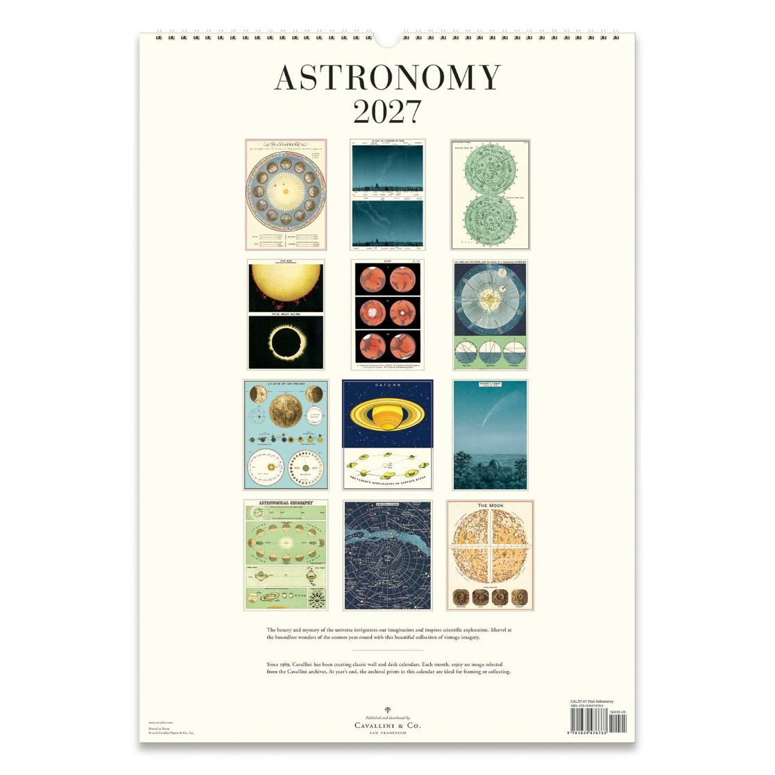 A spiral-bound 2027 astronomy calendar page from Collagraph & Co. featuring a cream background with the title 'ASTRONOMY 2027' and a grid of vintage-style celestial illustrations in multiple colors.