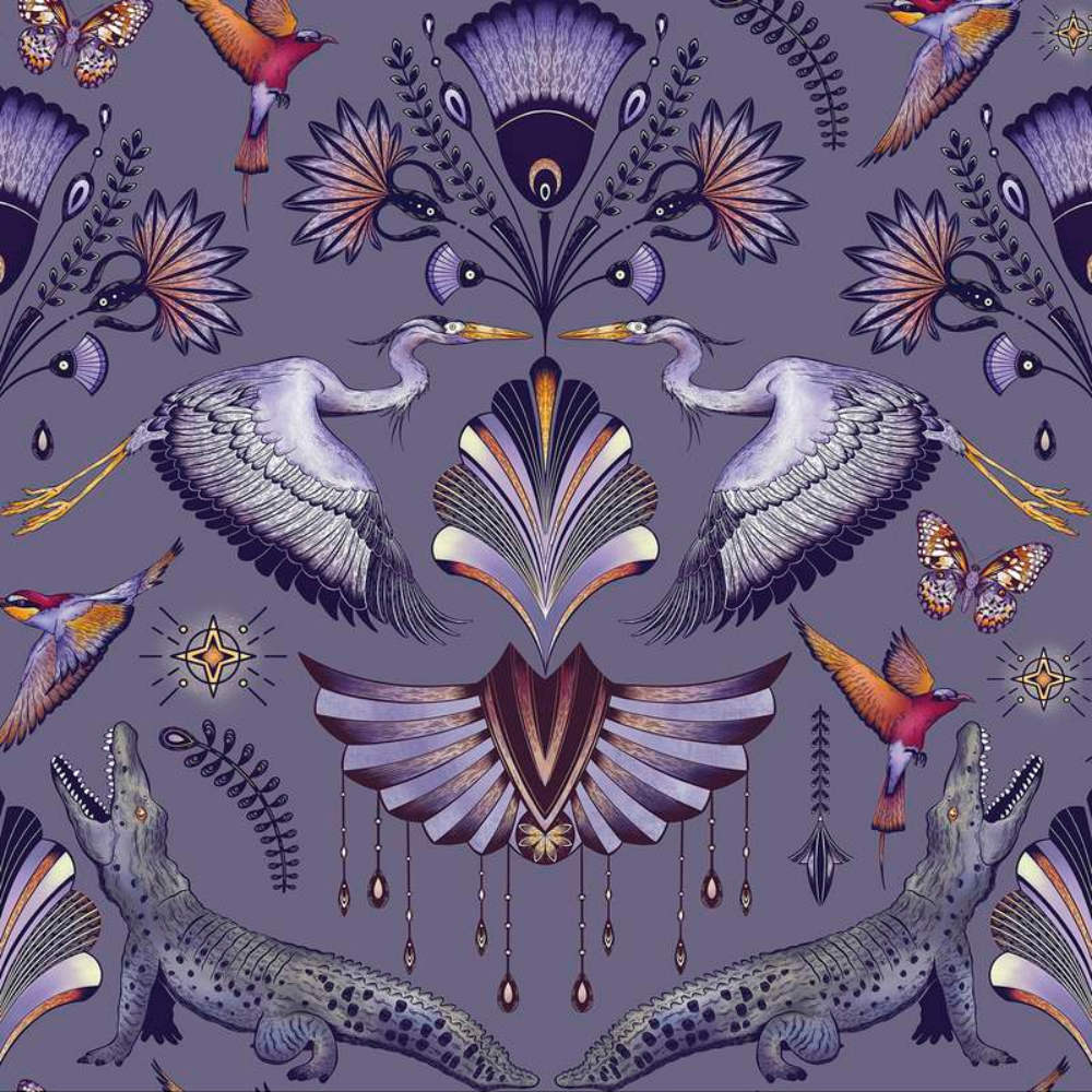 A decorative October calendar page with a purple-toned symmetrical illustration featuring birds, flowers, butterflies, and crocodiles, plus a grid of dates and the month name October at the bottom.