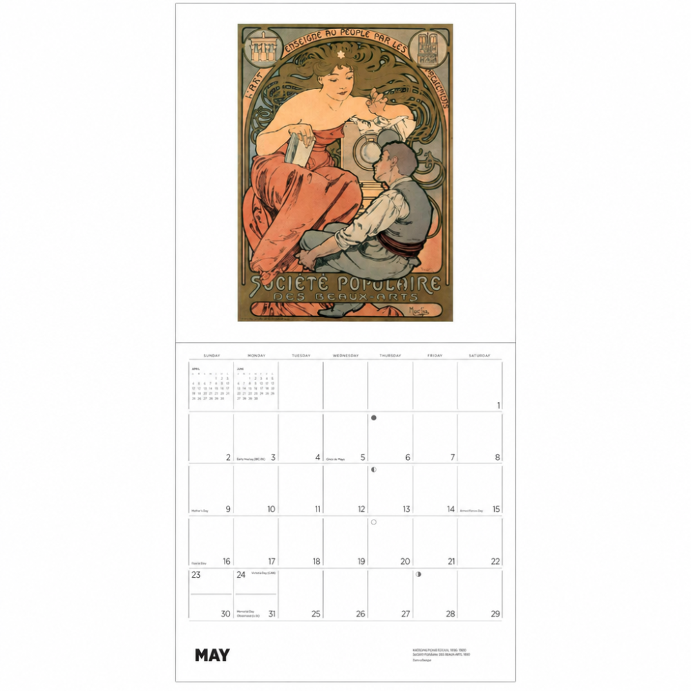 A printed poster-style page showing an Art Nouveau illustration at the top and a May calendar grid below. The artwork features a woman and child in warm orange, brown, and beige tones, with the text 'Société Populaire' and 'Les Champs-Elysées'.