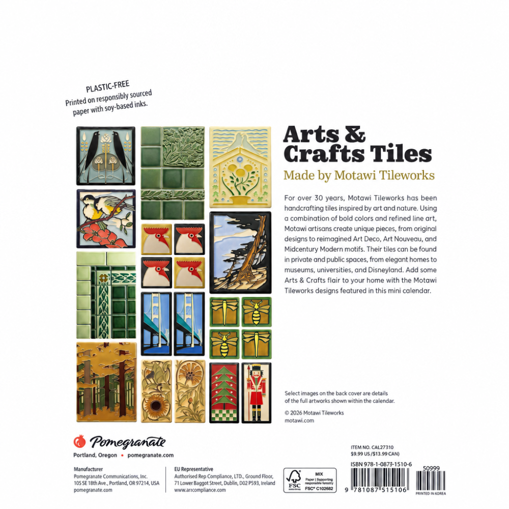 Back cover of a book featuring Motawi Tileworks Arts & Crafts Tiles with various tile designs.
