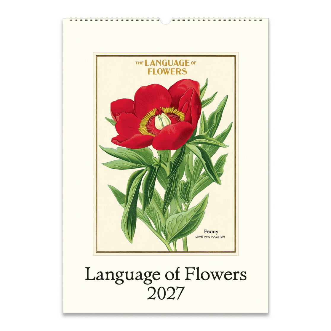 Calendar cover with a red flower illustration and 'Language of Flowers 2027' text on a beige background