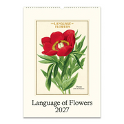 Calendar cover with a red flower illustration and 'Language of Flowers 2027' text on a beige background