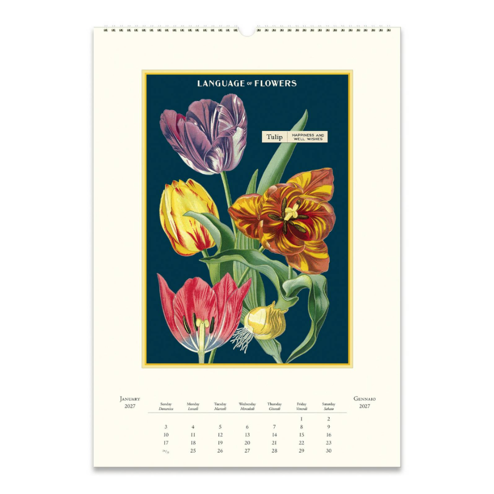A vintage-style wall calendar page featuring a botanical illustration of tulips with the title 'LANGUAGE OF FLOWERS' at the top. The page has an off-white border, a dark teal central panel with colorful tulip artwork, and a small January 2027 calendar grid at the bottom.