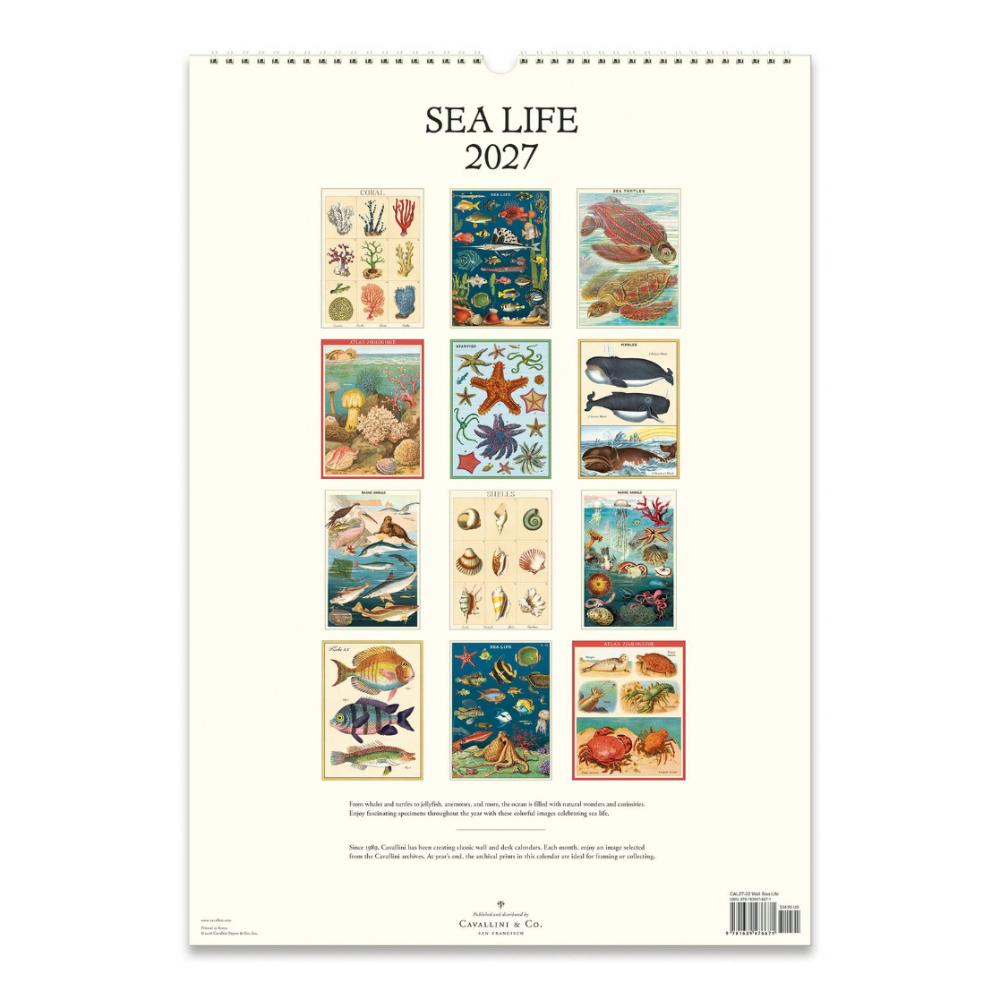 A 2027 spiral-bound wall calendar titled 'SEA LIFE' on an off-white page, featuring a grid of vintage-style underwater illustrations with fish, sea turtles, whales, coral, and shells.