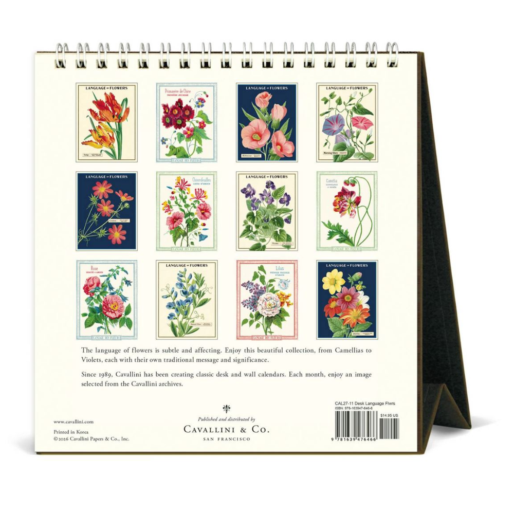 A spiral-bound Cavallini & Co. calendar standing upright, showing the back cover with twelve colorful floral postage-stamp style illustrations and product text on a white background.