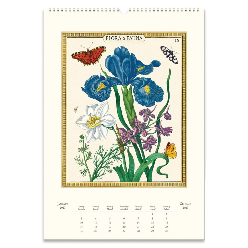 A vintage-style botanical calendar page showing a framed illustration with blue irises, purple flowers, white lilies, and butterflies, plus a January and October 2027 calendar grid at the bottom.