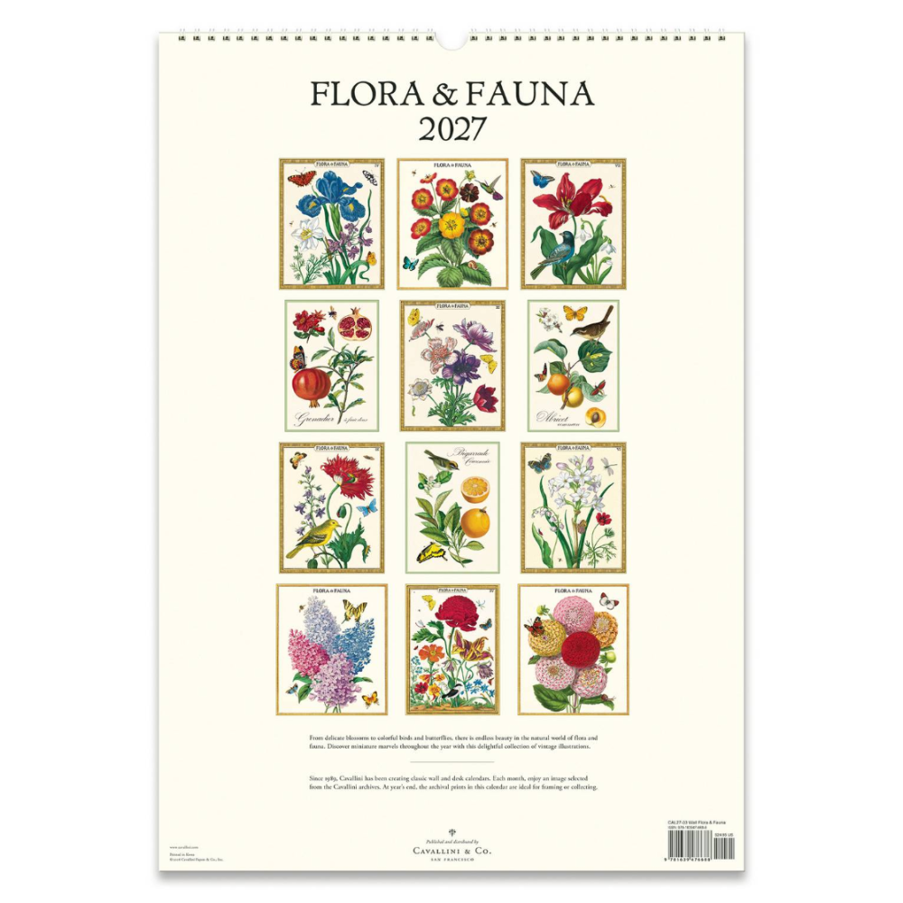 Flora & Fauna 2027 calendar with illustrations of flowers and animals on a white background.