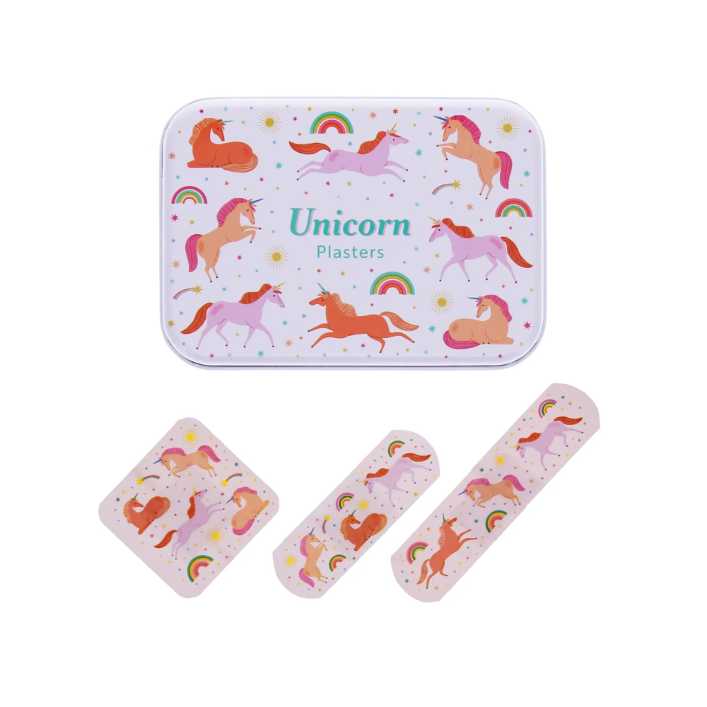 Unicorn-themed plasters with a tin container on a white background