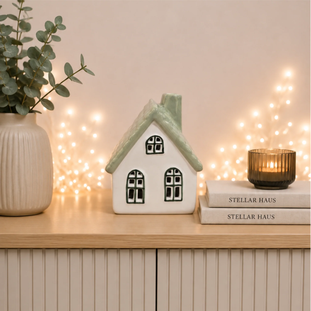 A small white ceramic house figurine with a pale green roof sits on a light wood cabinet, styled with a beige vase of eucalyptus, two books labeled STELLAR HAUS, and a lit amber candle against a warm beige wall with string lights.