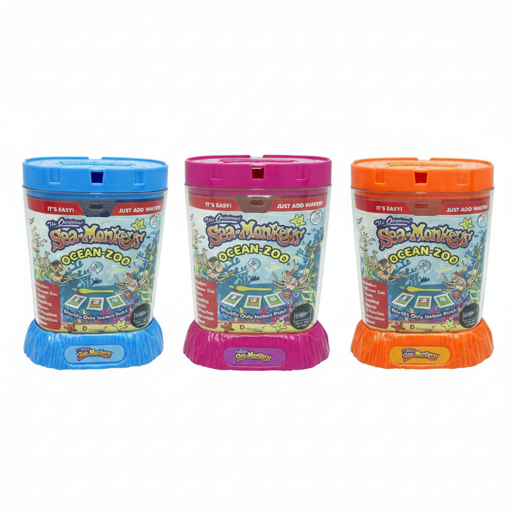 Three Sea Monkeys Ocean Zoo toy bins in blue, pink, and orange, shown side-by-side on a white background.