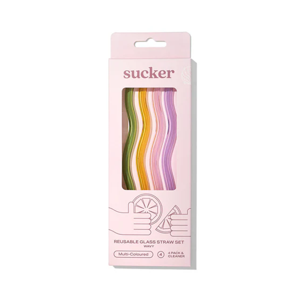 Sucker Wavy Glass Straw Set Multicolour
