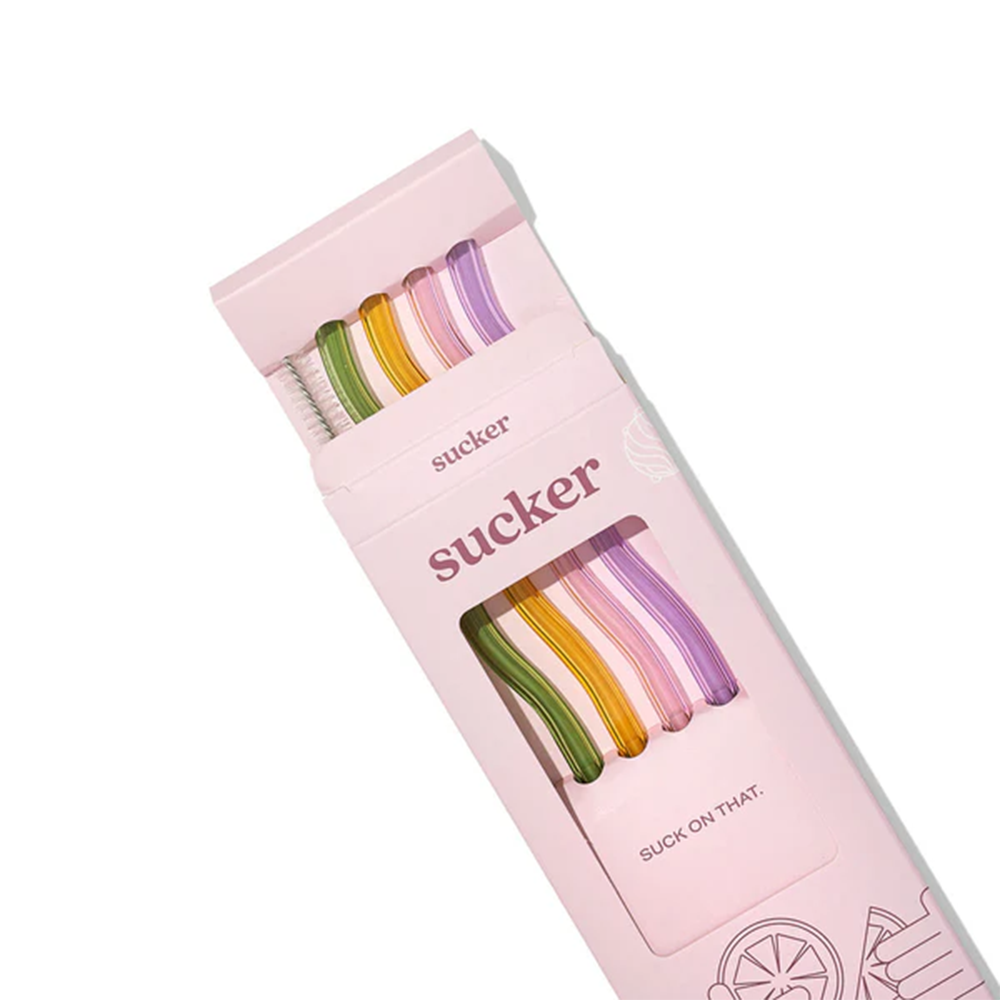Sucker Wavy Glass Straw Set Multicolour