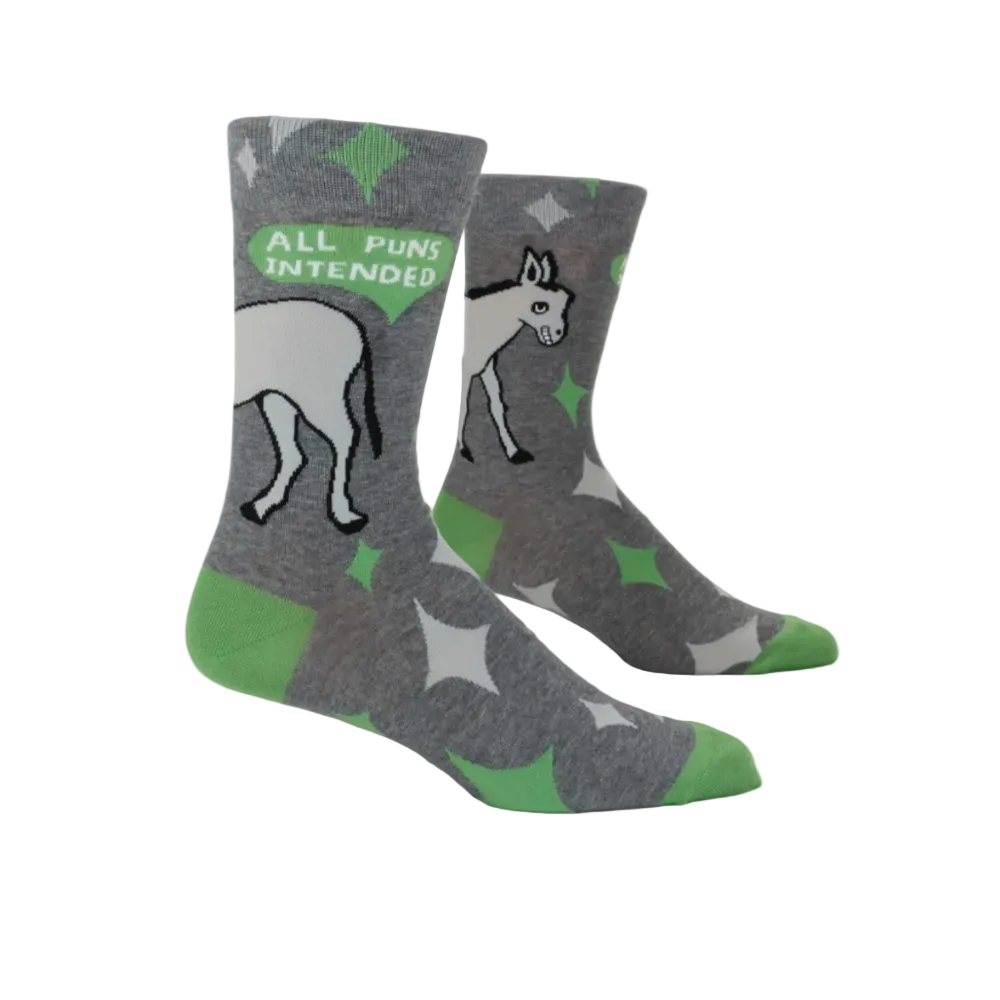 Gray socks with green accents and donkey design on a white background