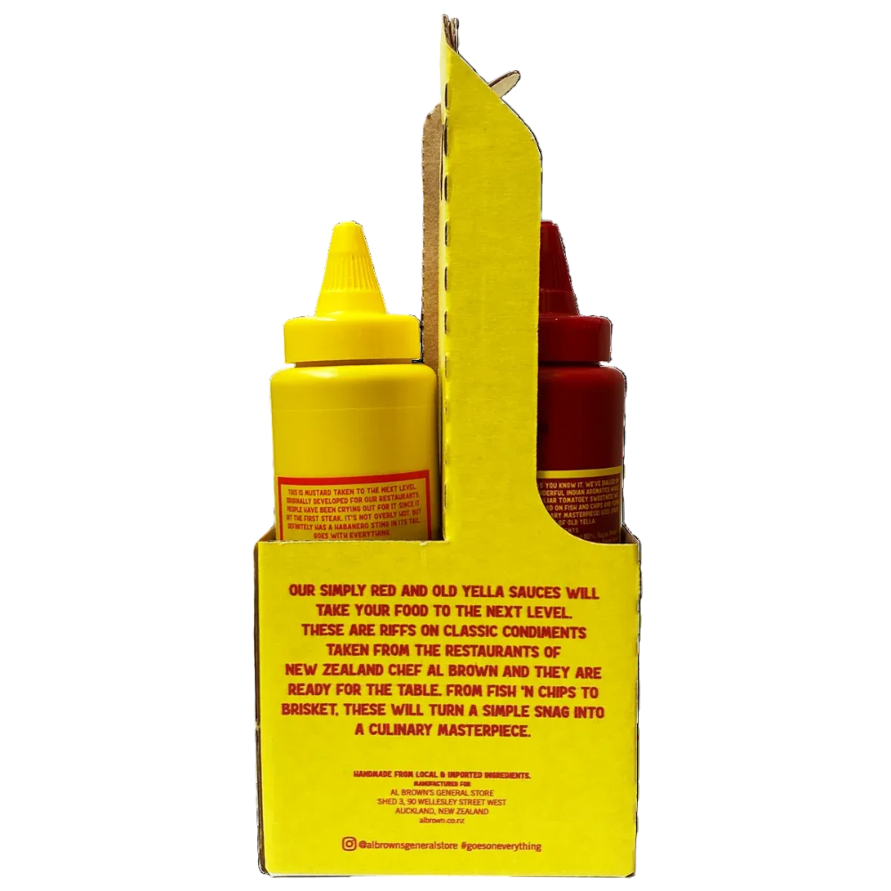 A novelty condiment dispenser stand holding two squeeze bottles, one yellow and one red, with printed humorous text on the front and back panels.