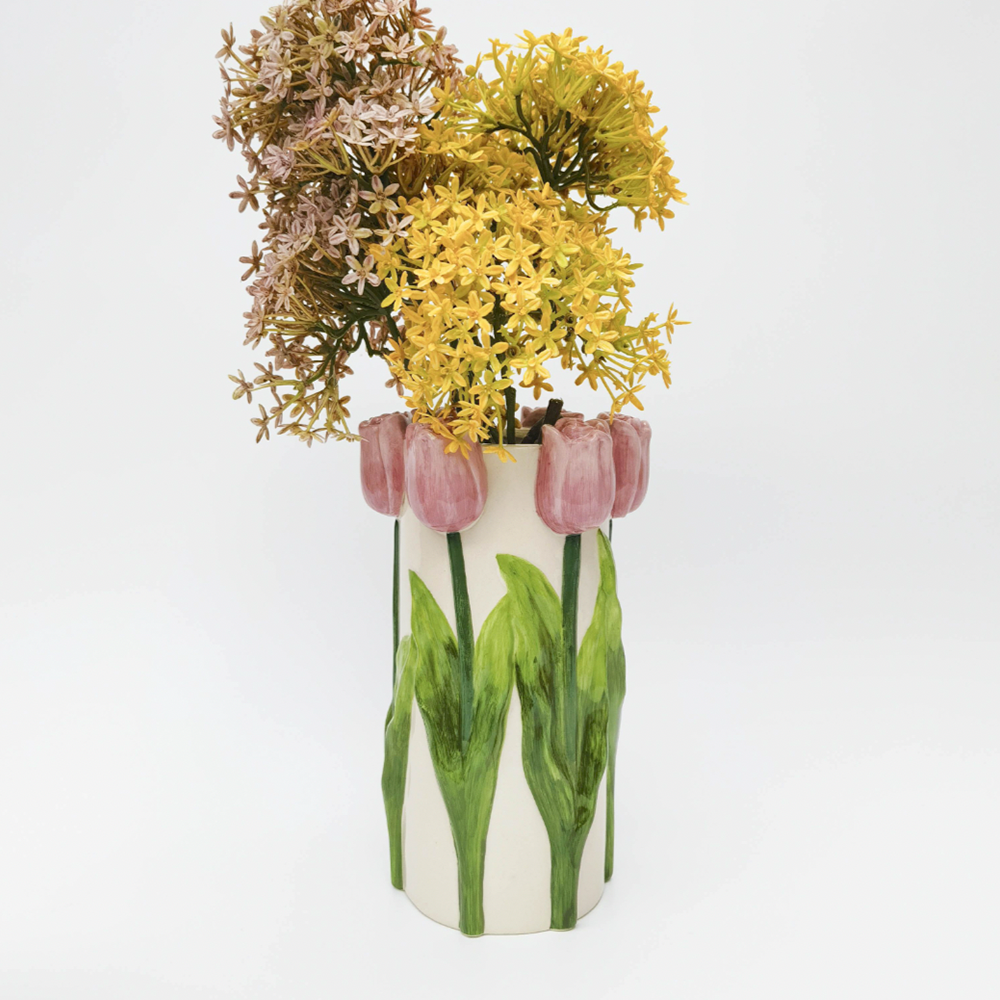 Ceramic Tulip Vase Pink and White