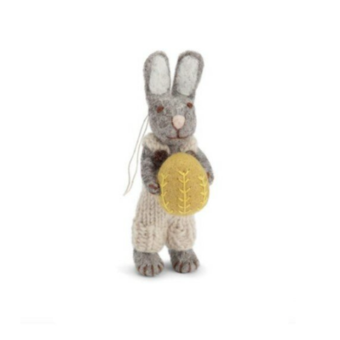 En Gry & Sif Fair Trade Felt Bunny with Light Grey Pants and Yellow Egg