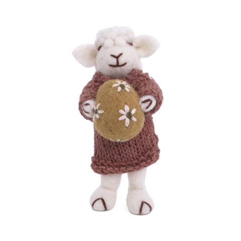 En Gry & Sif Fair Trade Felt Sheep with Dusty Pink Dress and Yellow Egg