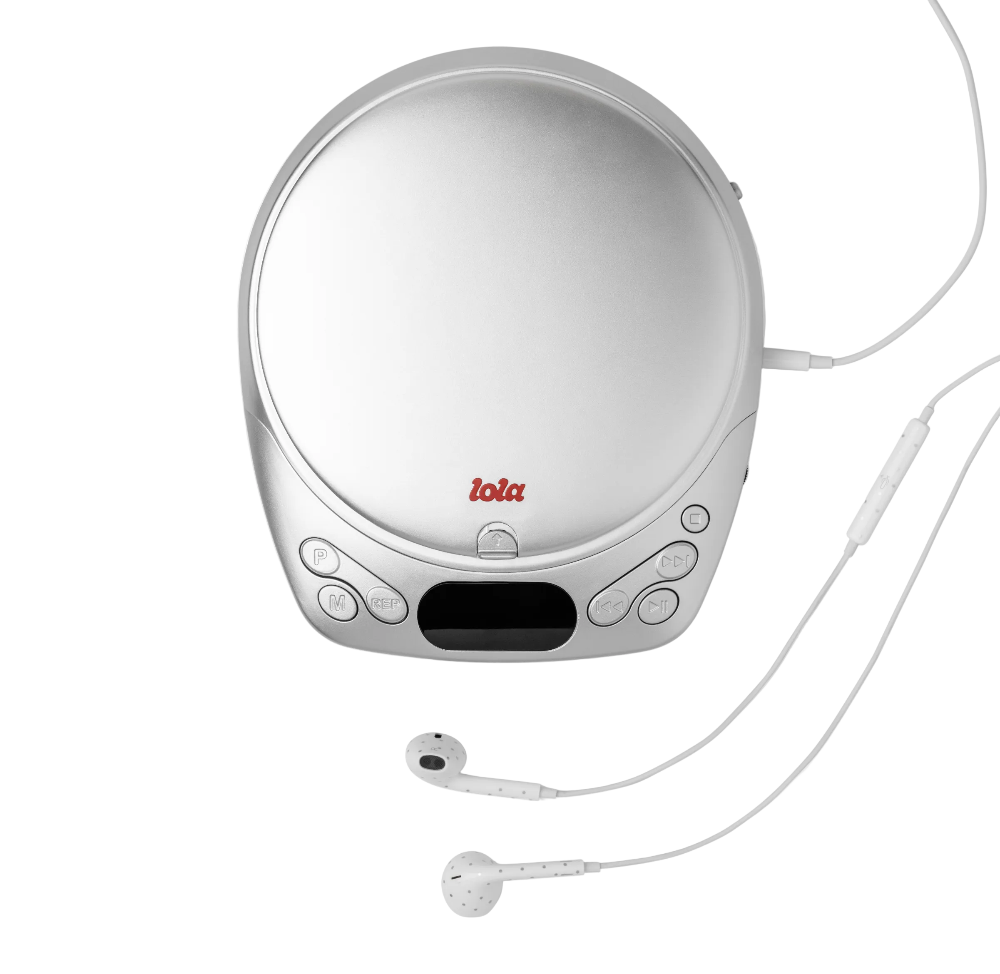 A silver portable CD player with a white wired earphone cable and matching white earbuds, photographed on a clean white background. The CD player has the brand name 'lola' printed in red on the front.